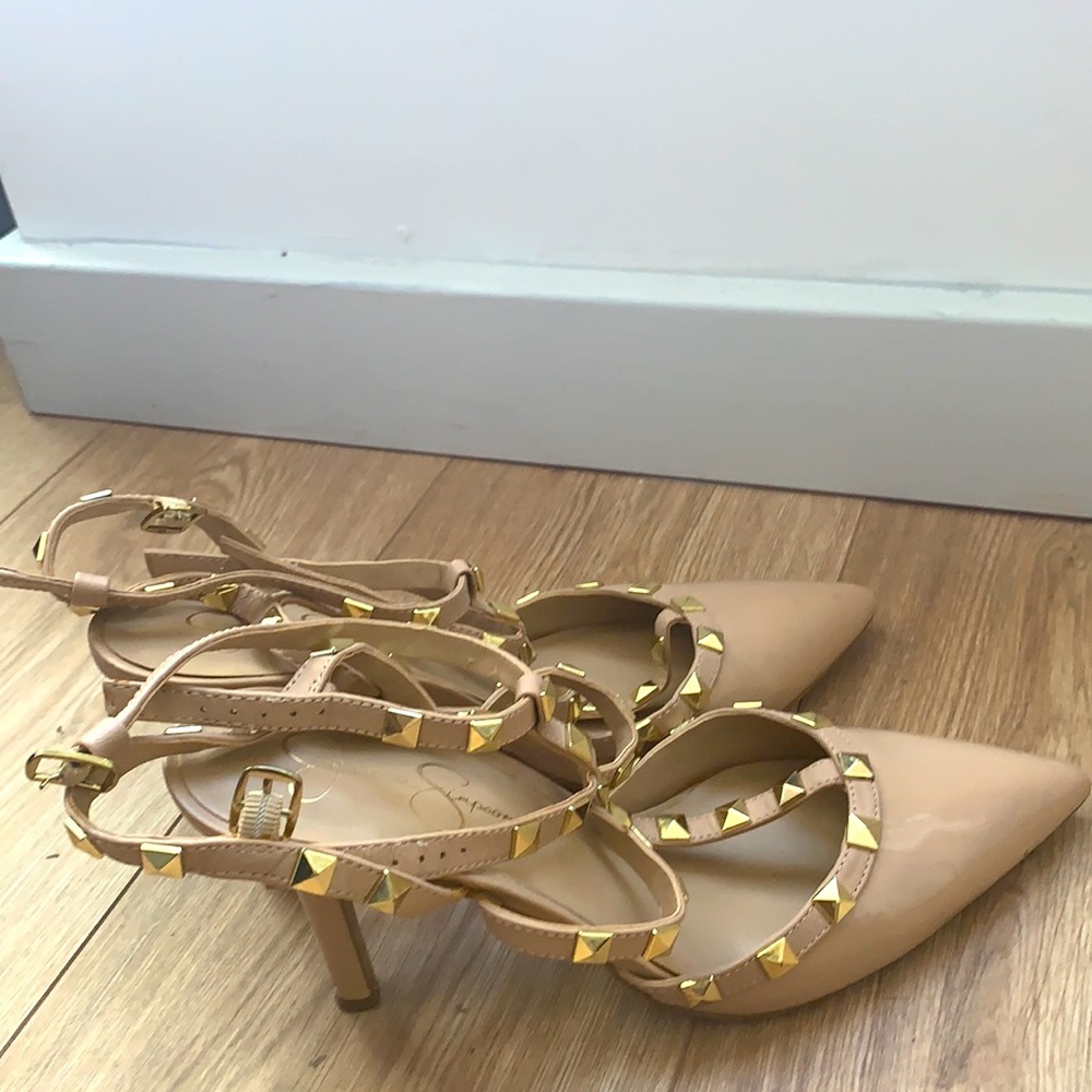 Nude studded heels, strappy/with straps